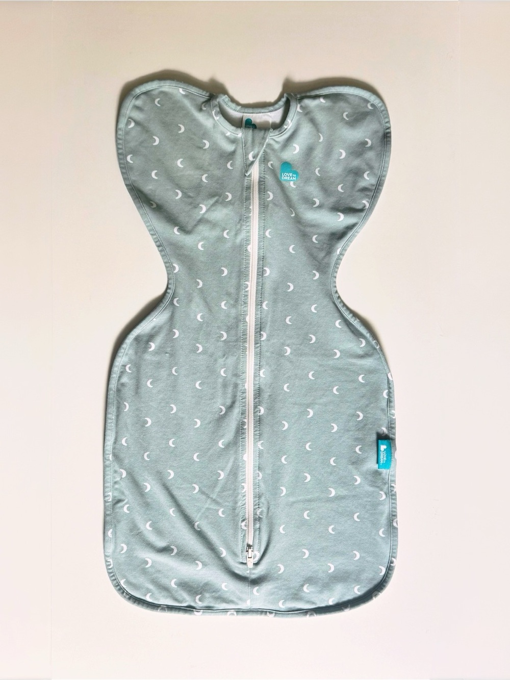 love to dream • turquoise blue white moon • 1 TOG 0-3 month swaddle sleep sack